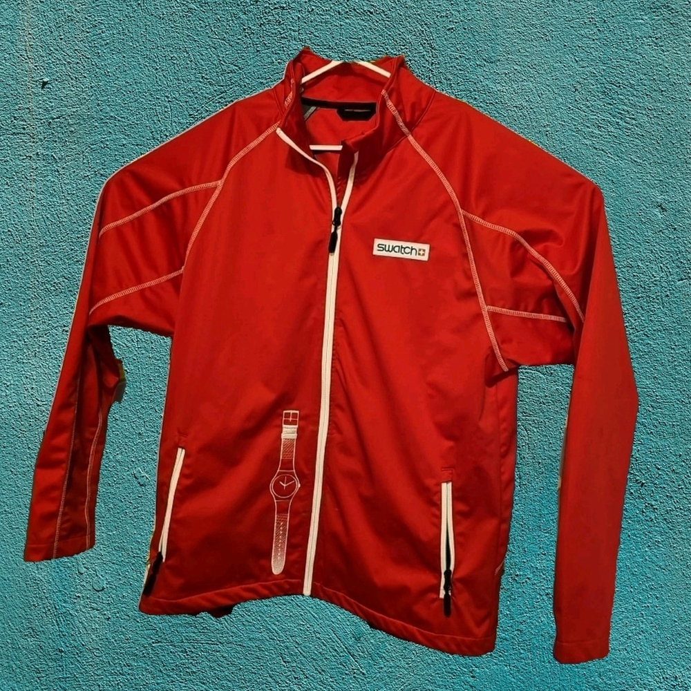 Swatch Watch Jacket Red Size XL Double Sided Graphics Incredible Watch Logos